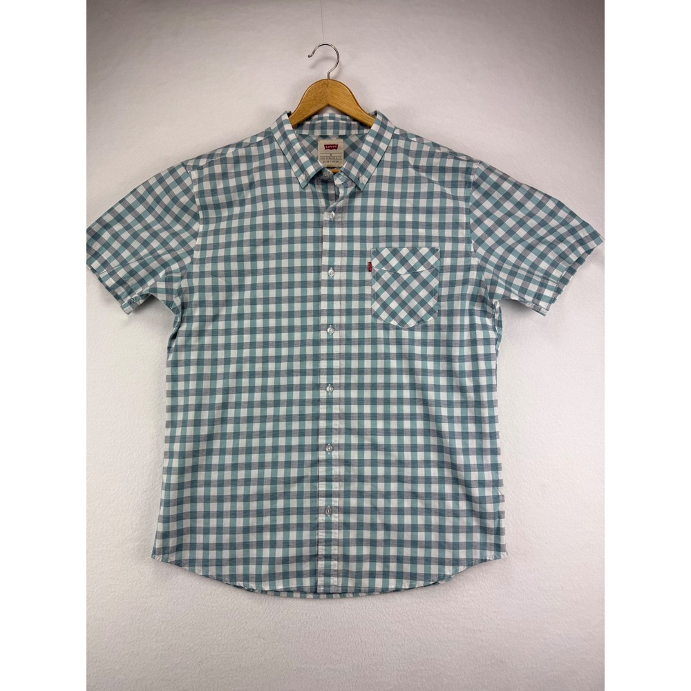 Levi's‎ Shirt Mens XL Short Sleeve Button Down Teal White Gingham Plaid Cotton